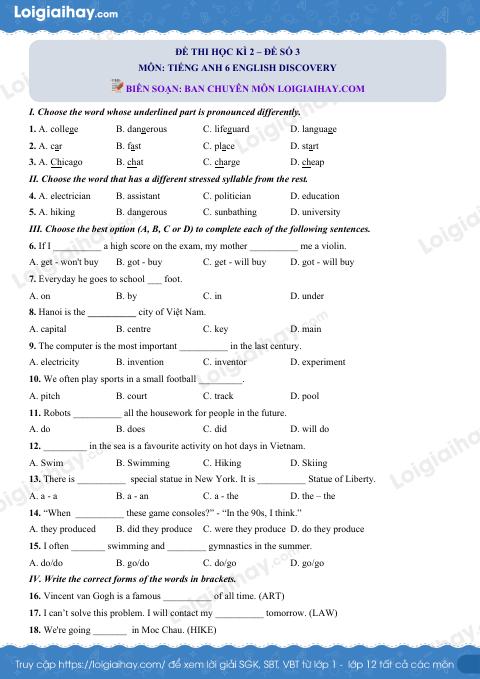 Đề thi học kì 2 Tiếng Anh 6 English Discovery - Đề số 3